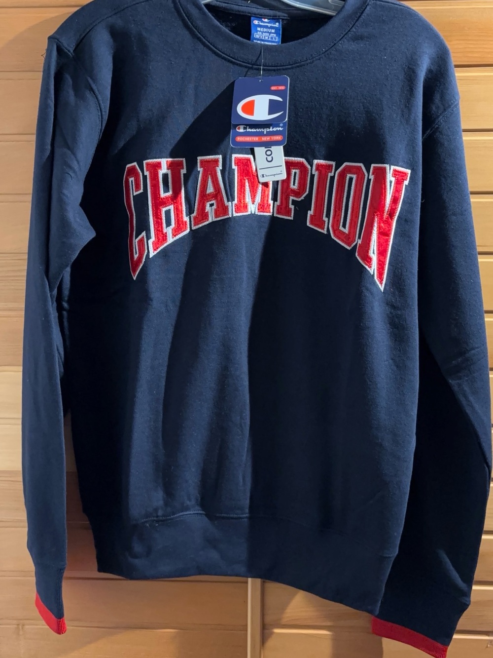 NWT Champion Navy Crewneck Sweatshirt with Red Chest Applique